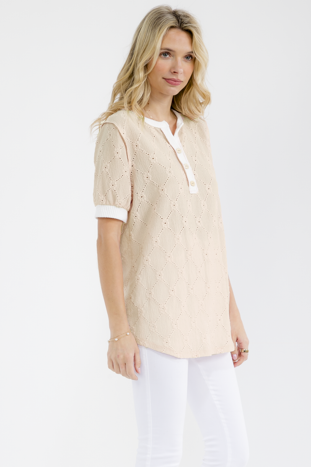 [PLUS SIZE] Short Sleeve Lace Knit Henley Top T6221XL - Baycreek & Co