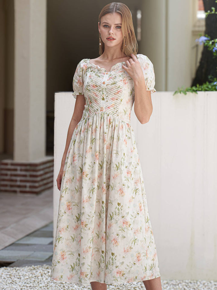 Floral Ruched Puff Sleeve Dress