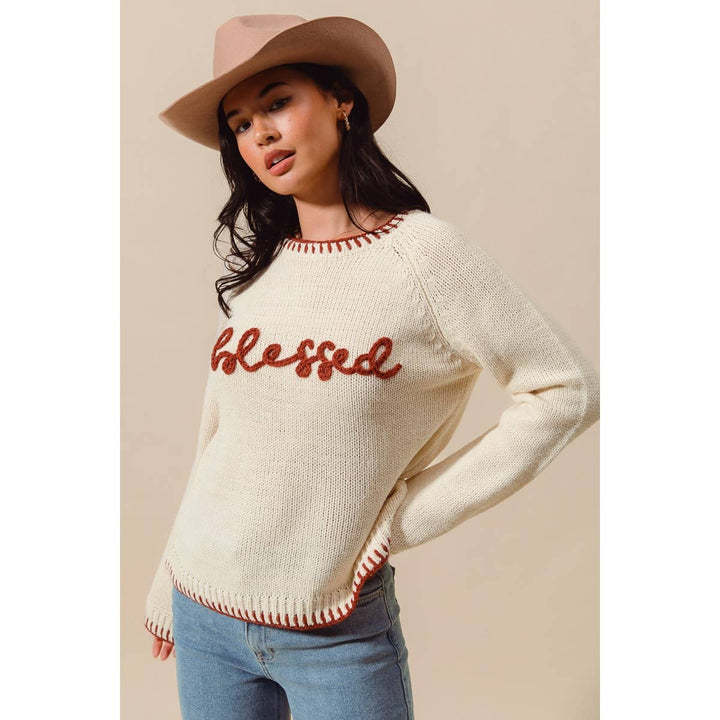 BLESSED THANKSGIVING LETTERING SWEATER TOP: OATMEAL/BRICK / M - Baycreek & Co