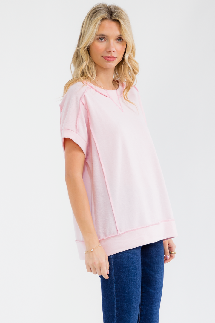 [PLUS SIZE] Textured Contrast Seam Short Sleeve Top T6240XL - Baycreek & Co