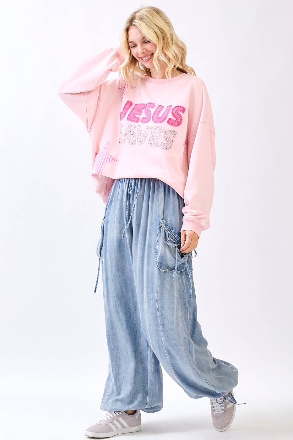 JESUS SAVES PATCHWORK CREW NECK SWEATSHIRT: ICY PINK / S-M-L(2-2-2) - Baycreek & Co