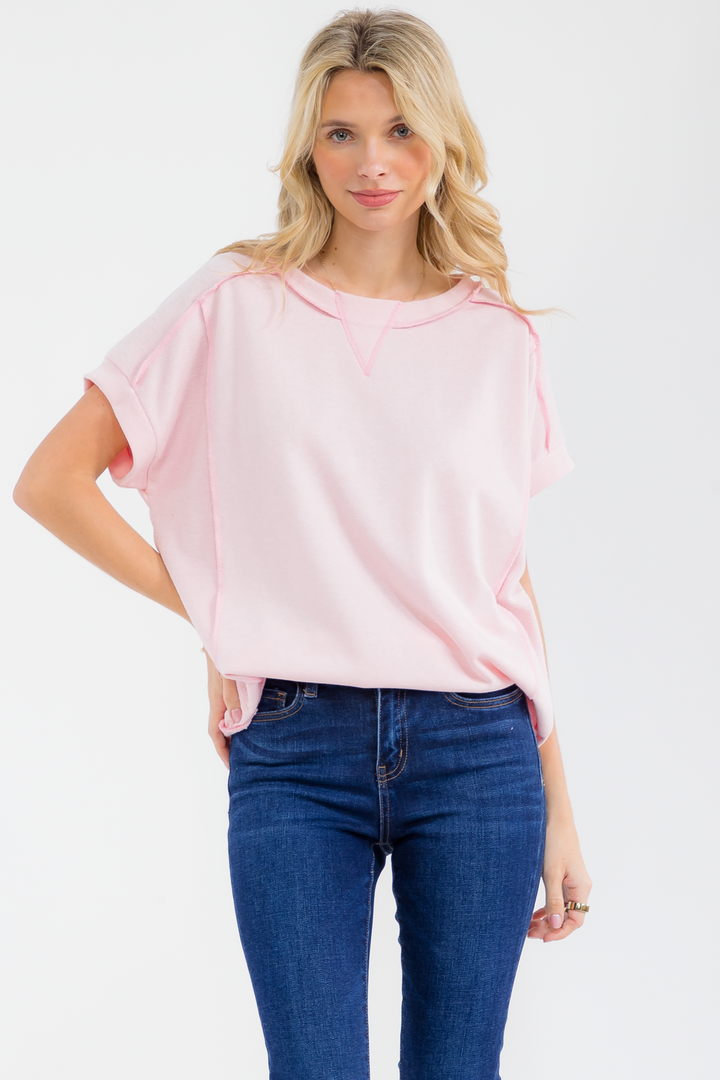 [PLUS SIZE] Textured Contrast Seam Short Sleeve Top T6240XL - Baycreek & Co