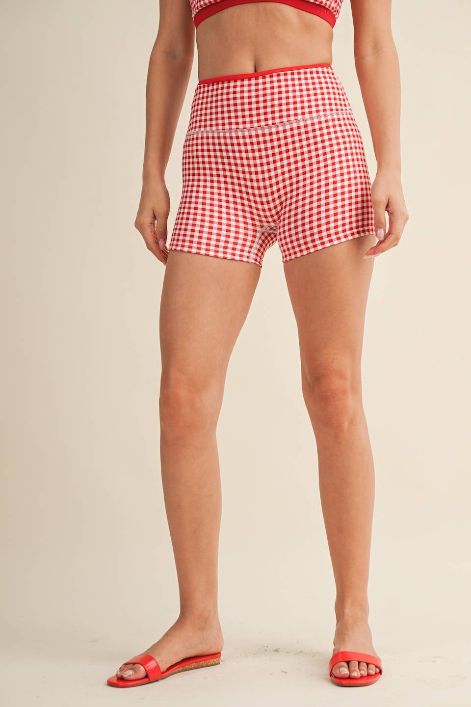 Gingham Print Contrast Binding Biker Shorts - Baycreek & Co