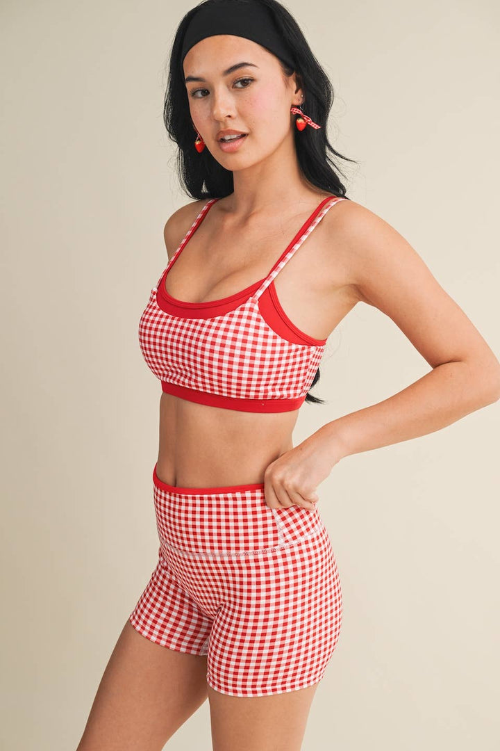 Gingham Print Double Layered Sports Bra - Baycreek & Co