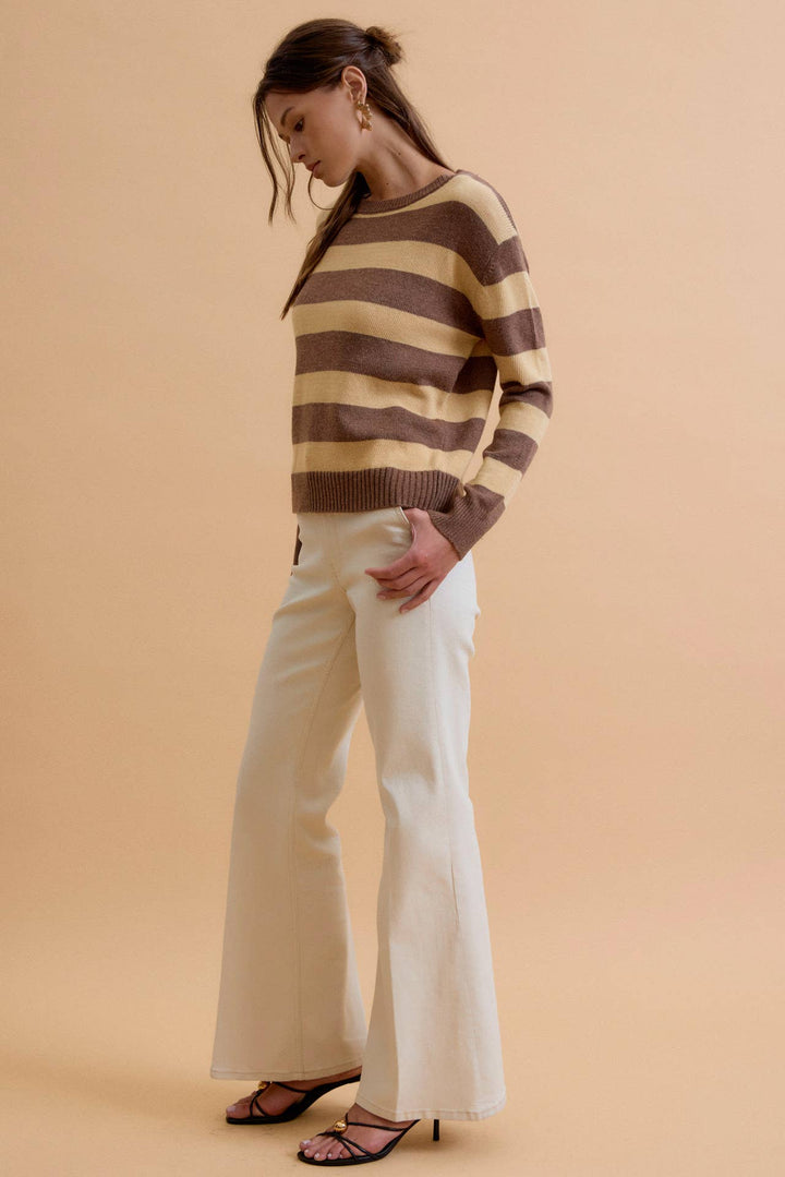 ANGORA BLEND RELAXED FIT WIDE STRIPED SWEATER: MOCHA / L - Baycreek & Co
