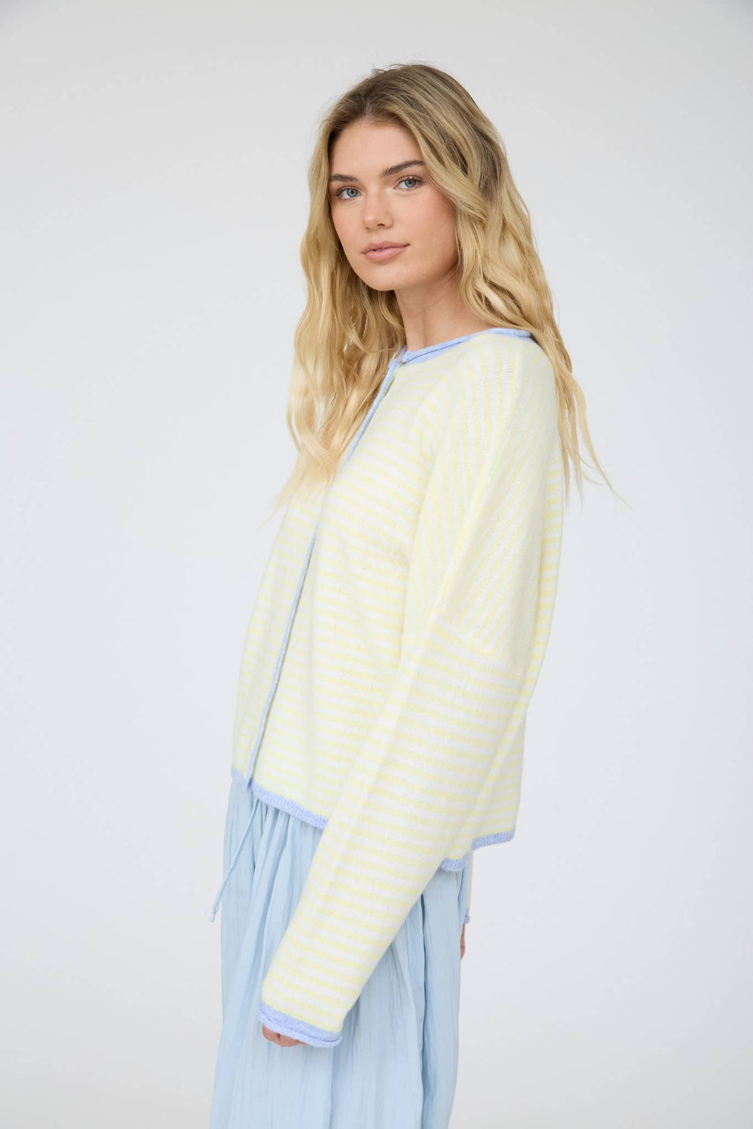 STRIPE RAW EDGE BUTTON DOWN LONG SLEEVE CARDIGAN - Baycreek & Co