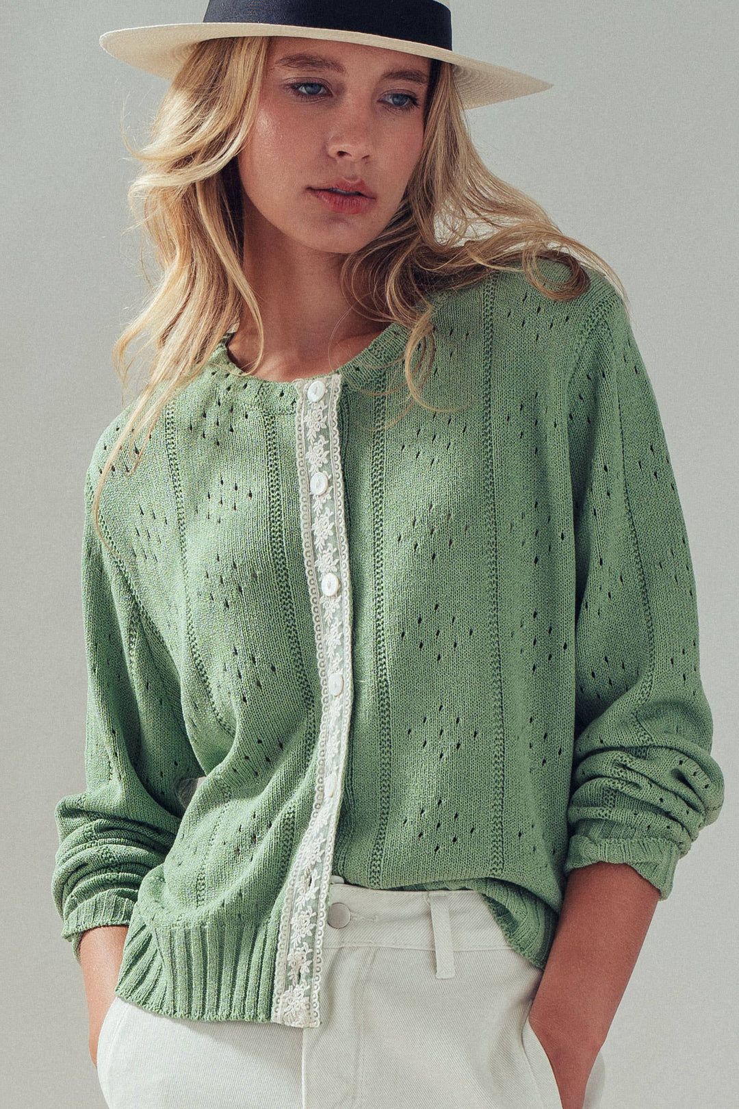 Pointelle Knit Cardigan Lace Trim Button Down - Baycreek & Co