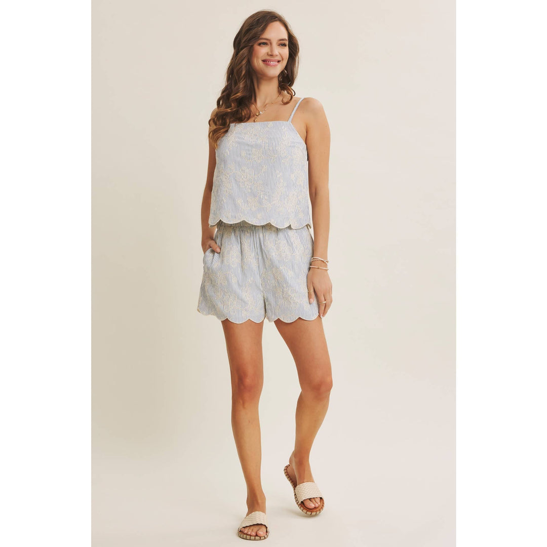 VERSATILE SUMMER STAPLE STRIPE EMBROIDERED SCALLOP SHORTS - Baycreek & Co