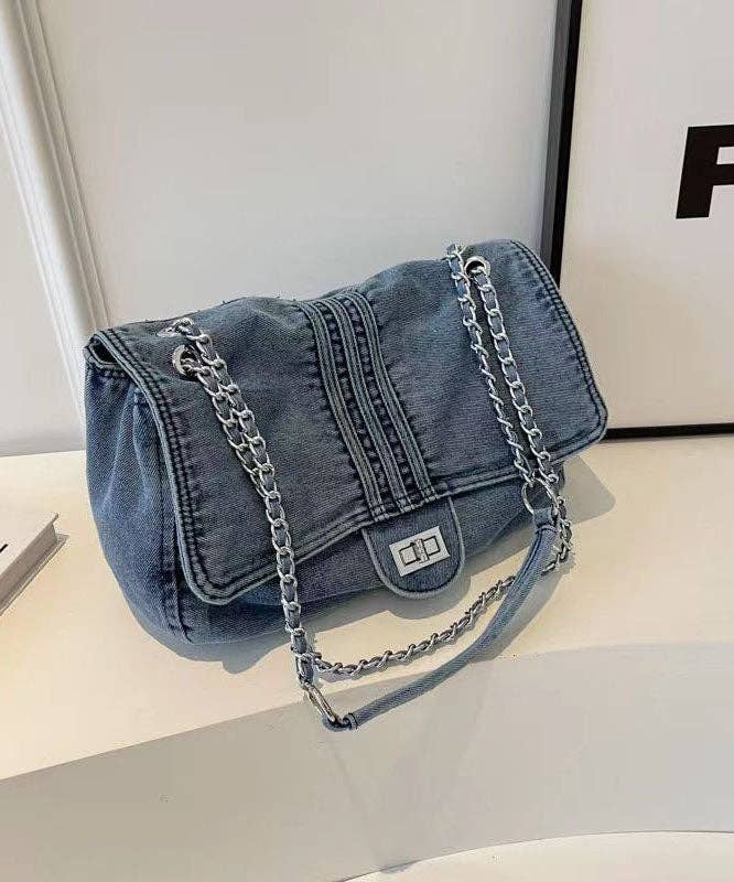 Light Blue Large Capacity Chain Denim Shoulder Bag