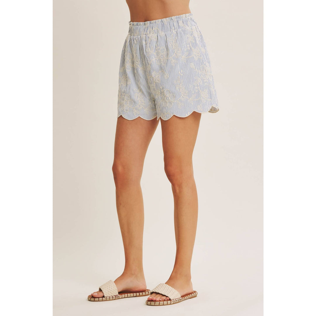 VERSATILE SUMMER STAPLE STRIPE EMBROIDERED SCALLOP SHORTS - Baycreek & Co