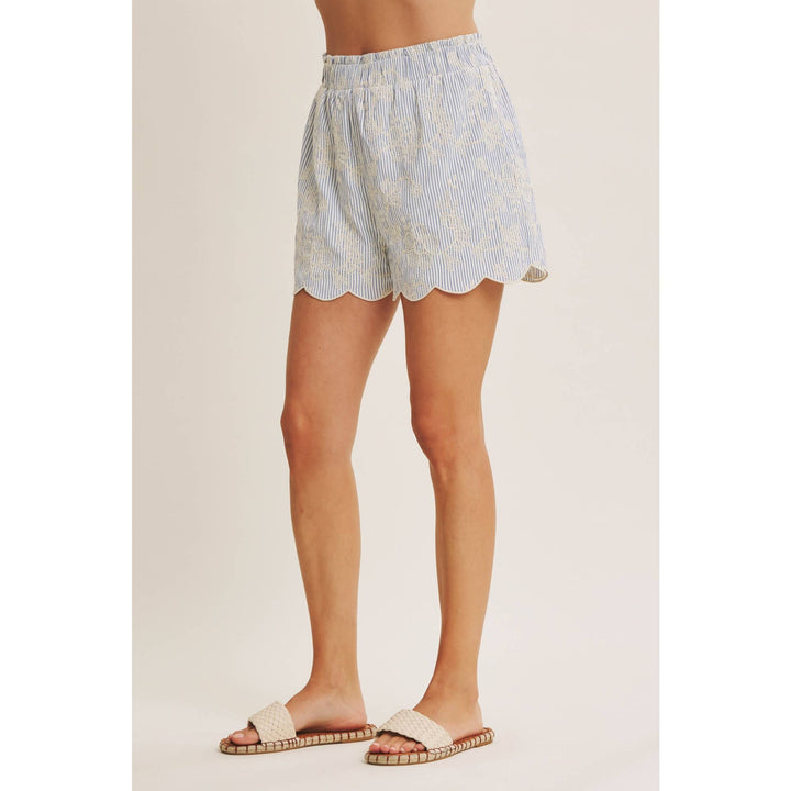 VERSATILE SUMMER STAPLE STRIPE EMBROIDERED SCALLOP SHORTS - Baycreek & Co