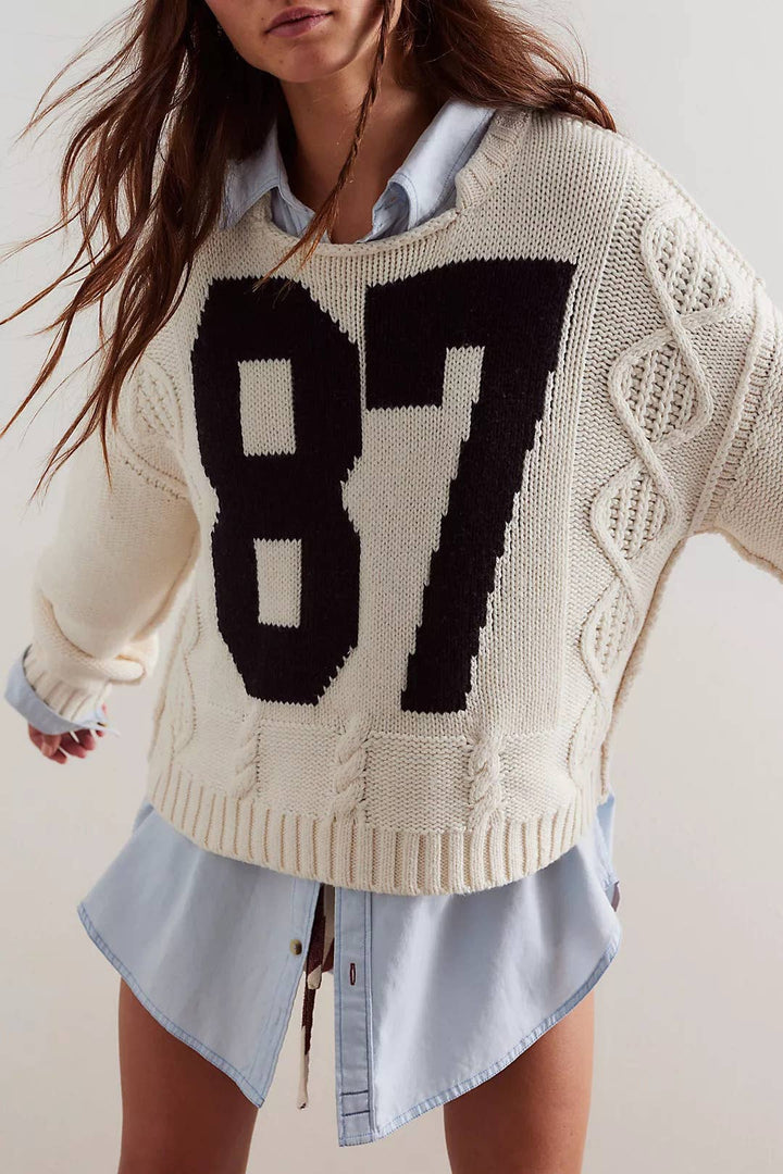 Cropped Cable-Knit 87 Graphic Sweater - Baycreek & Co