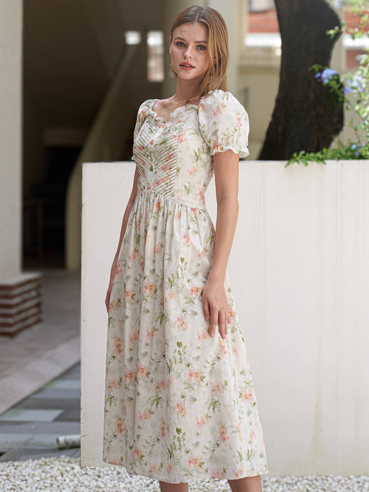 Floral Ruched Puff Sleeve Dress