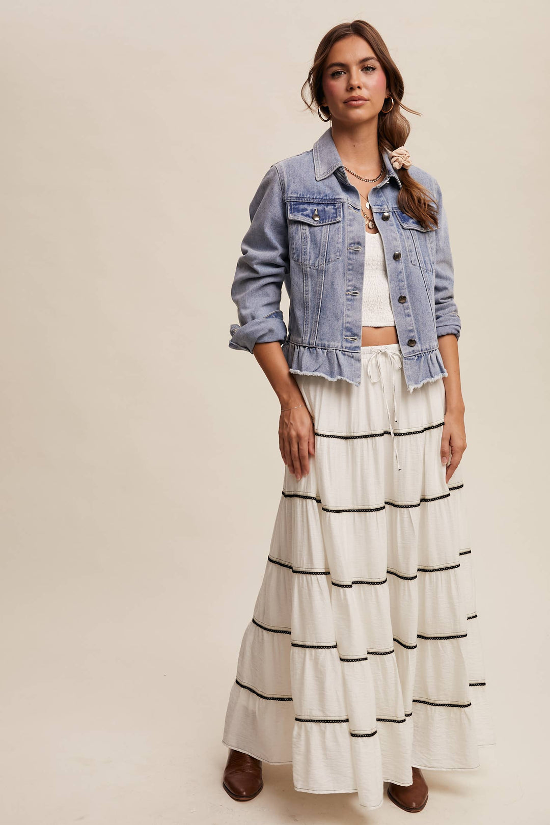 Ruffled Hem Denim Jacket - Baycreek & Co