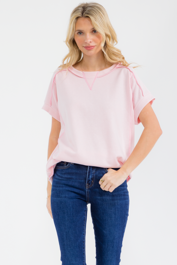 [PLUS SIZE] Textured Contrast Seam Short Sleeve Top T6240XL - Baycreek & Co