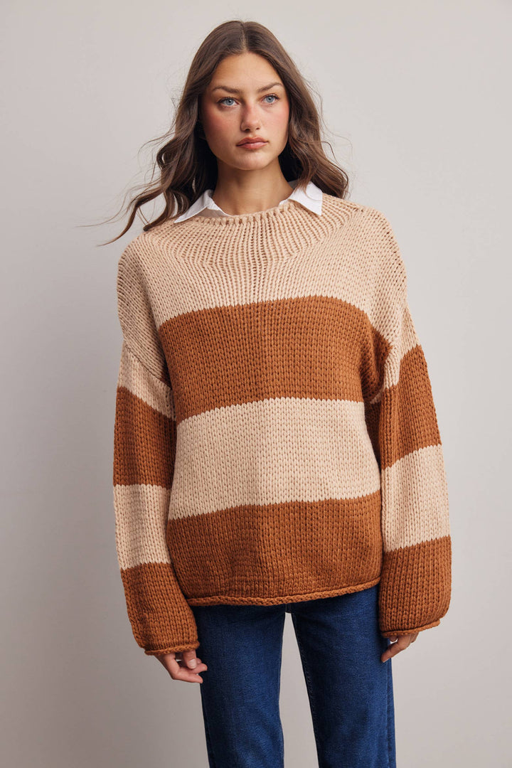 Chunky Stripe Knit Sweater FSW0072: Caramel / Contemporary / S - Baycreek & Co