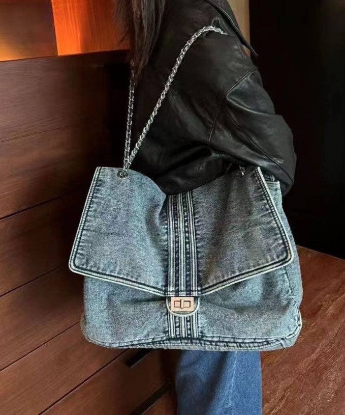 Light Blue Large Capacity Chain Denim Shoulder Bag