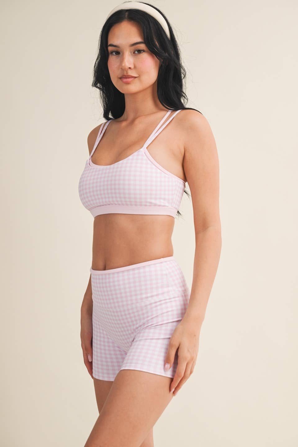 Gingham Print Double Layered Sports Bra - Baycreek & Co