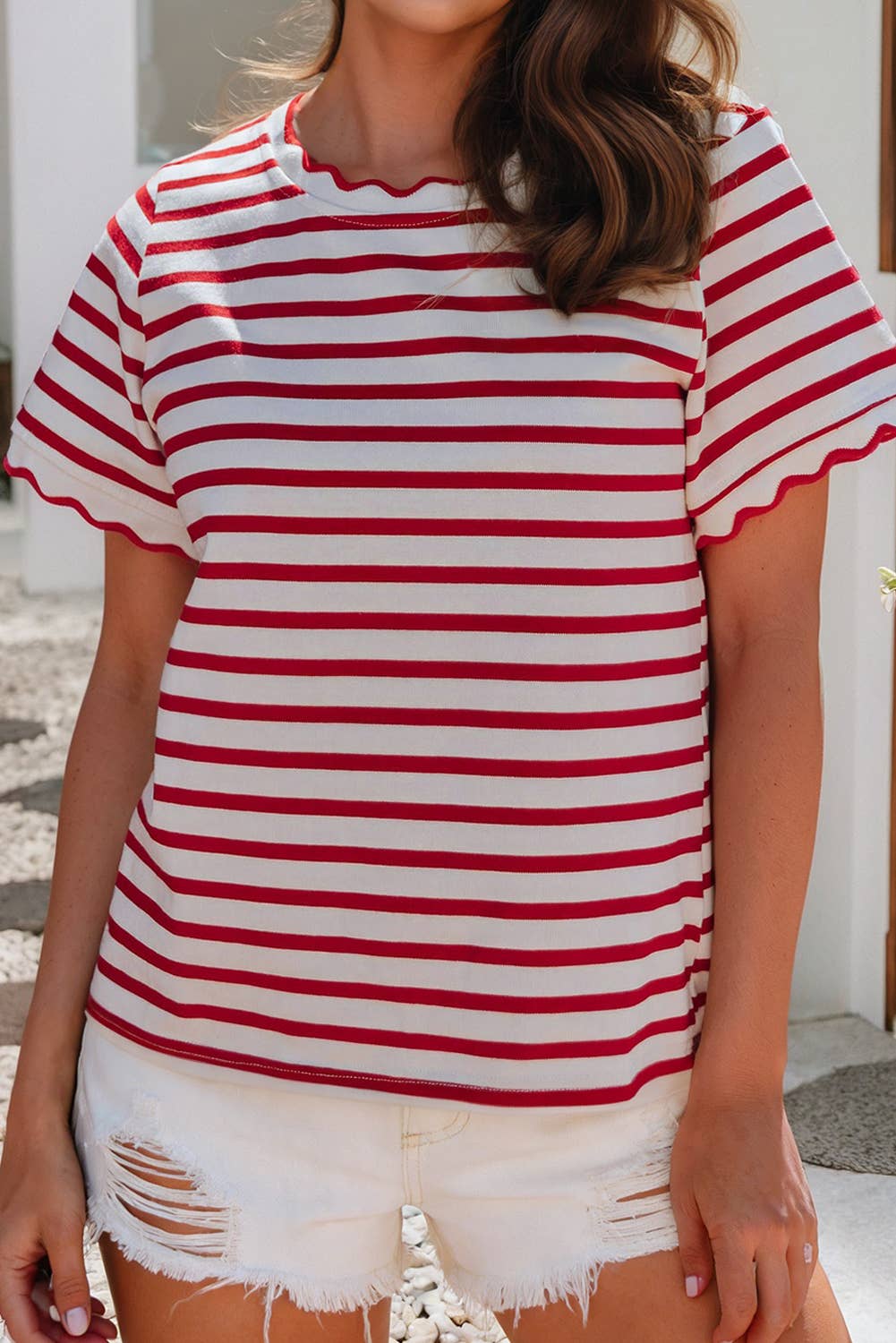 LDC Scalloped Trim Round Neck Stripe T Shirt| S-4X - Baycreek & Co