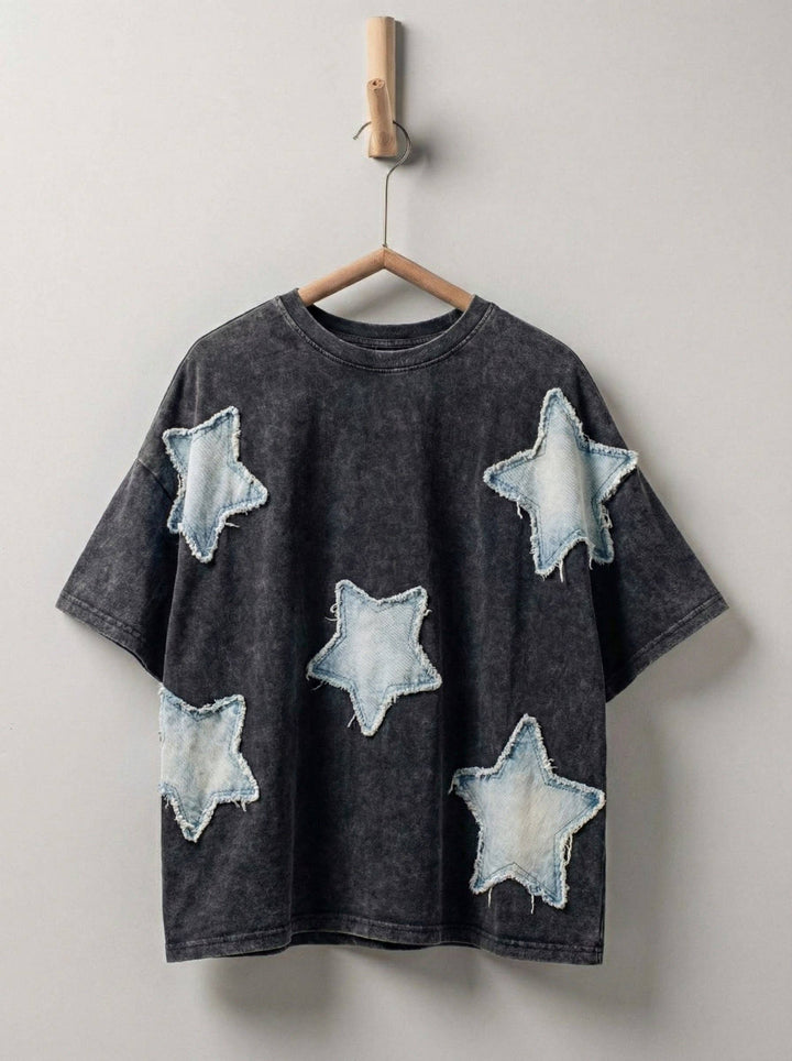 Distressed Denim Star Appliqué Cotton Tee - Baycreek & Co