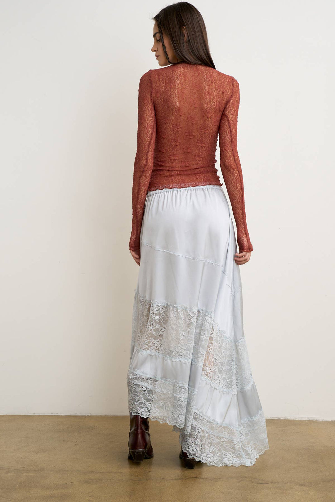 Lace Trim Asymmetrical Hem Satin Midi Skirt - Baycreek & Co