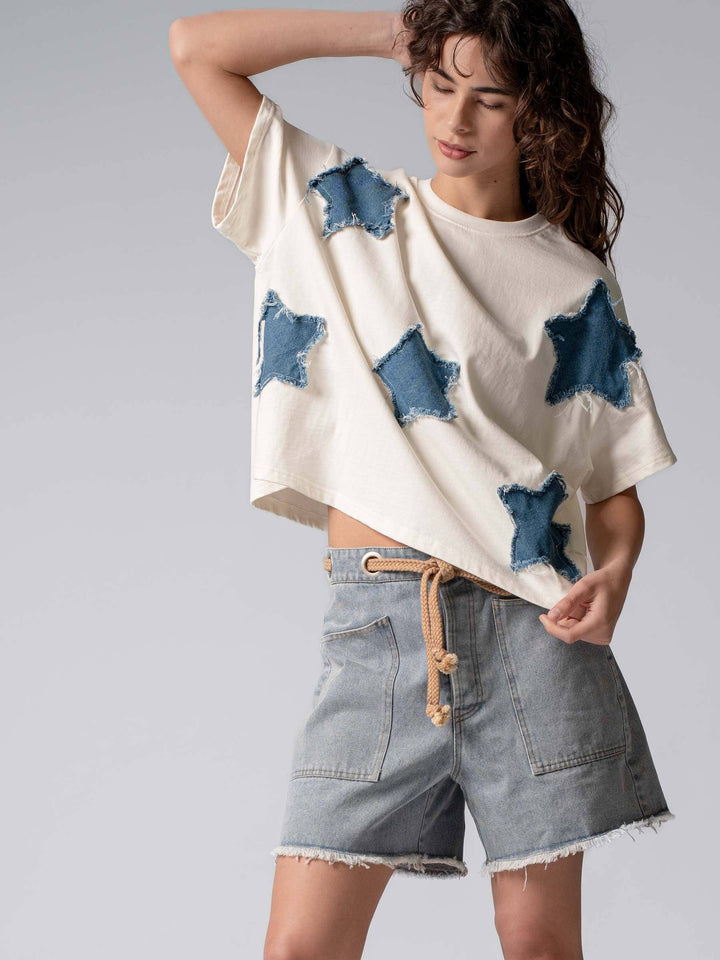 Distressed Denim Star Appliqué Cotton Tee - Baycreek & Co