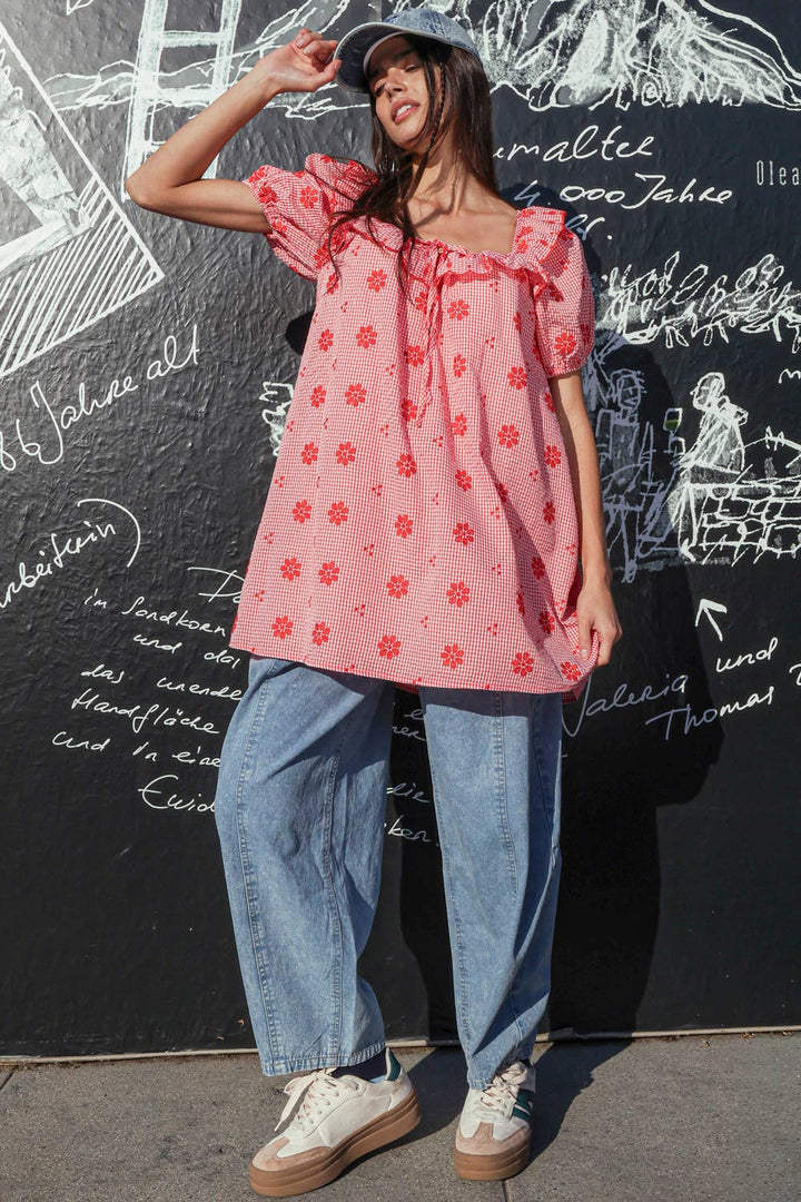 ND32012-Floral Embroidery Puff Sleeve Mini Dress - Baycreek & Co
