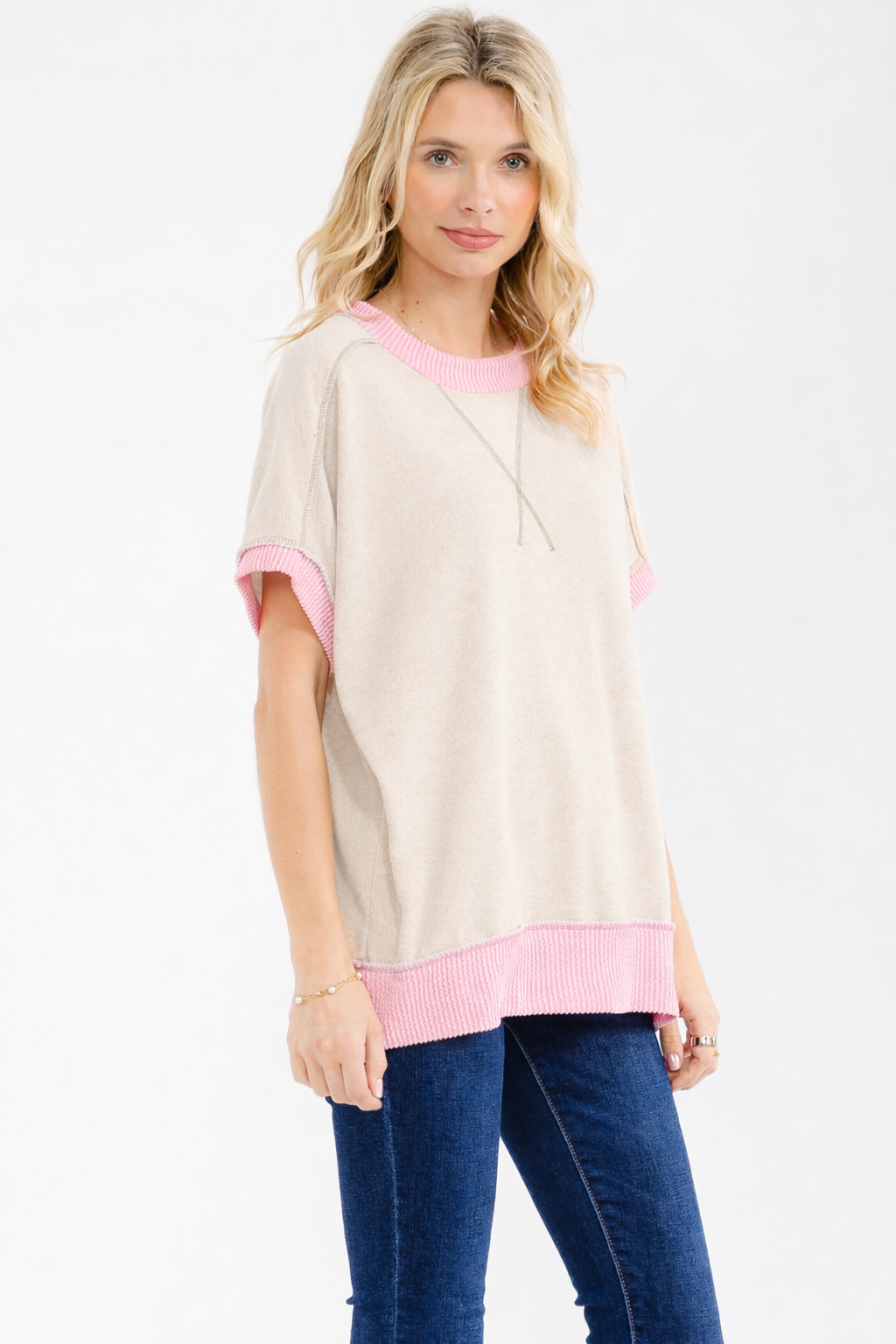 [PLUS SIZE] Textured Contrast Exposed Seam Top T6244XL - Baycreek & Co