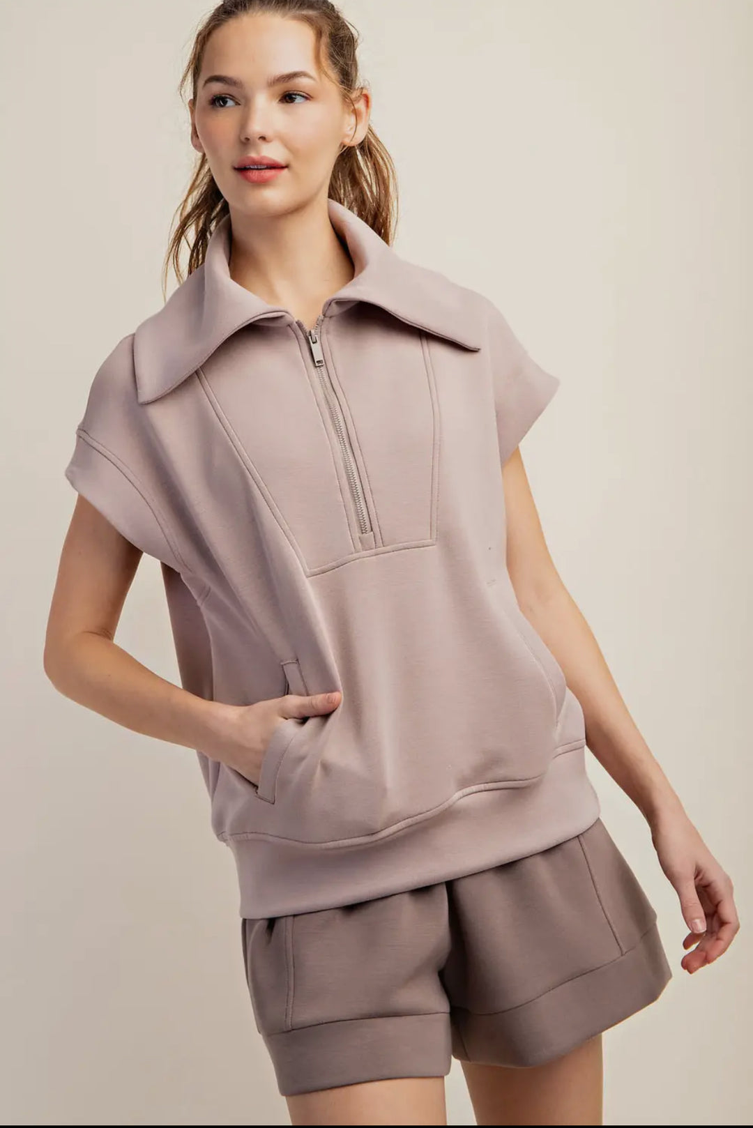 Plus Quarter Zip Short Sleeve Top