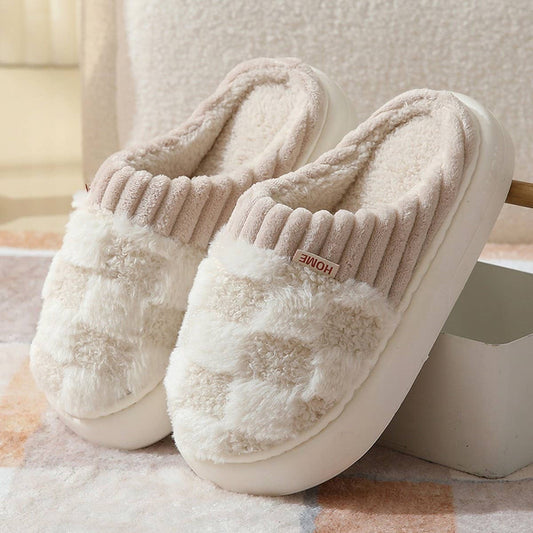 CHECKERED FUZZY WARMIES SLIPPERS- white