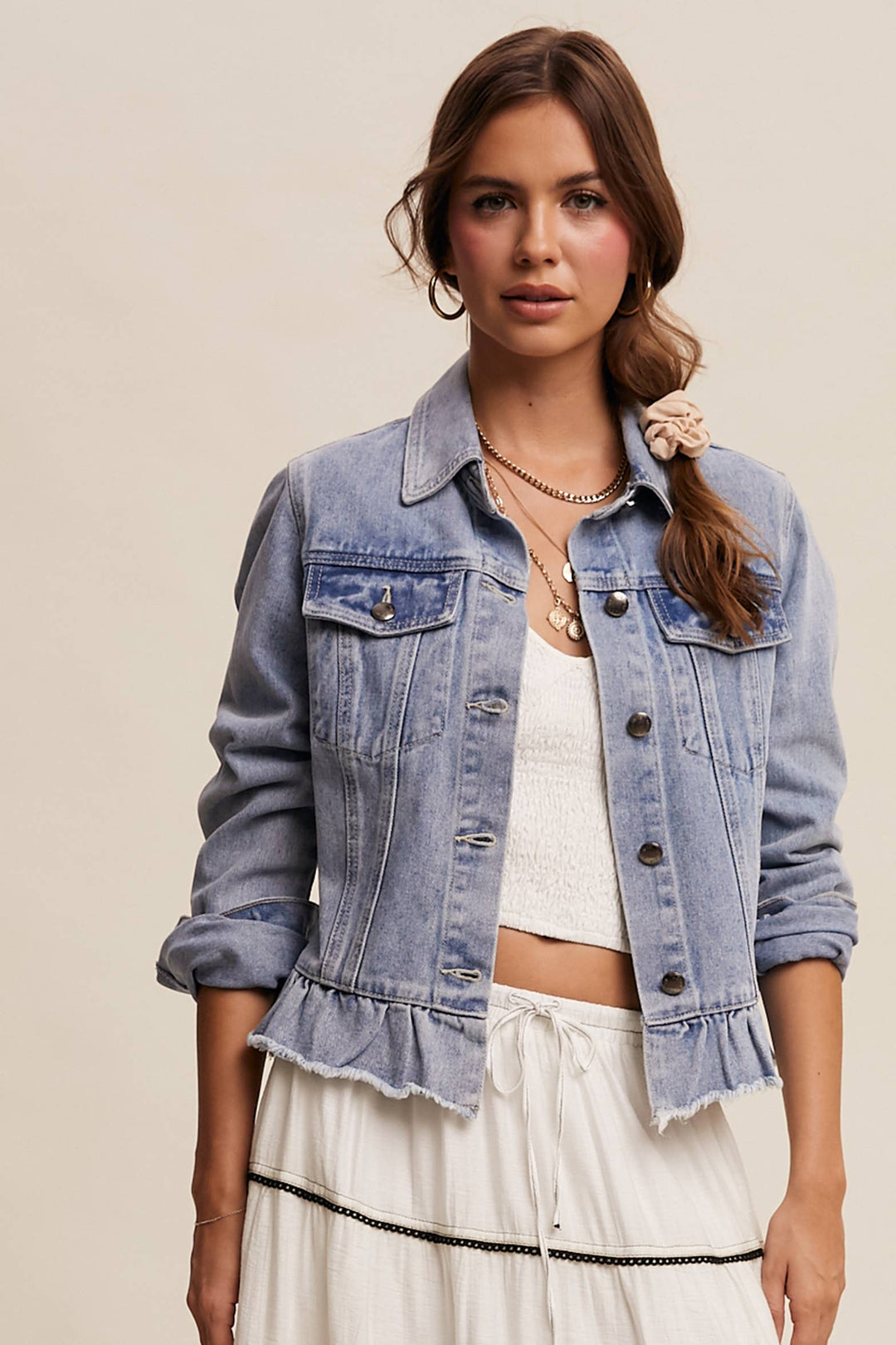 Ruffled Hem Denim Jacket - Baycreek & Co