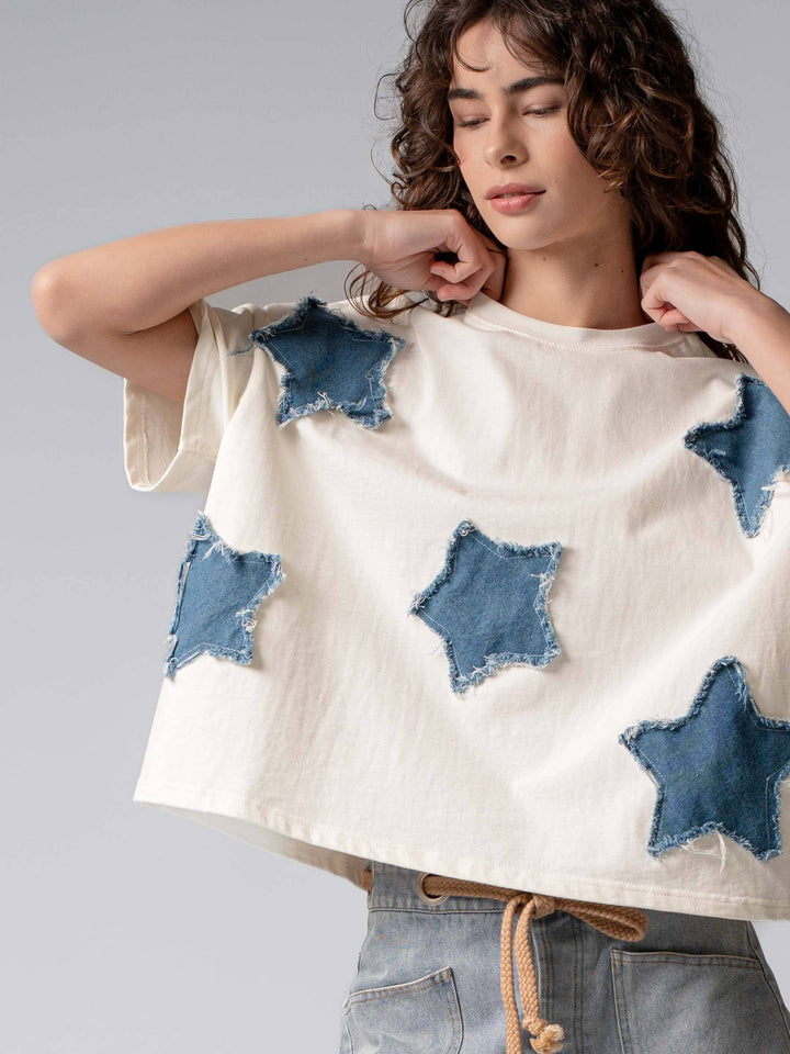 Distressed Denim Star Appliqué Cotton Tee - Baycreek & Co
