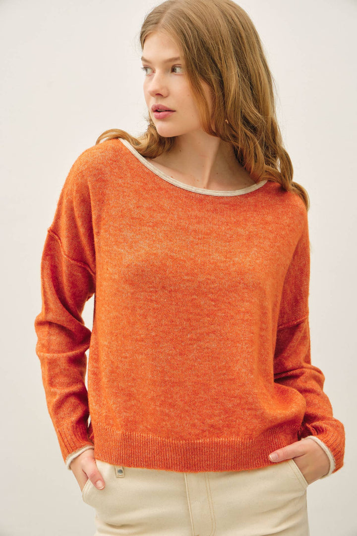 CONTRAST LAYERED-LOOK BOAT NECK CROPPED SWEATER: PUMPKIN / L - Baycreek & Co