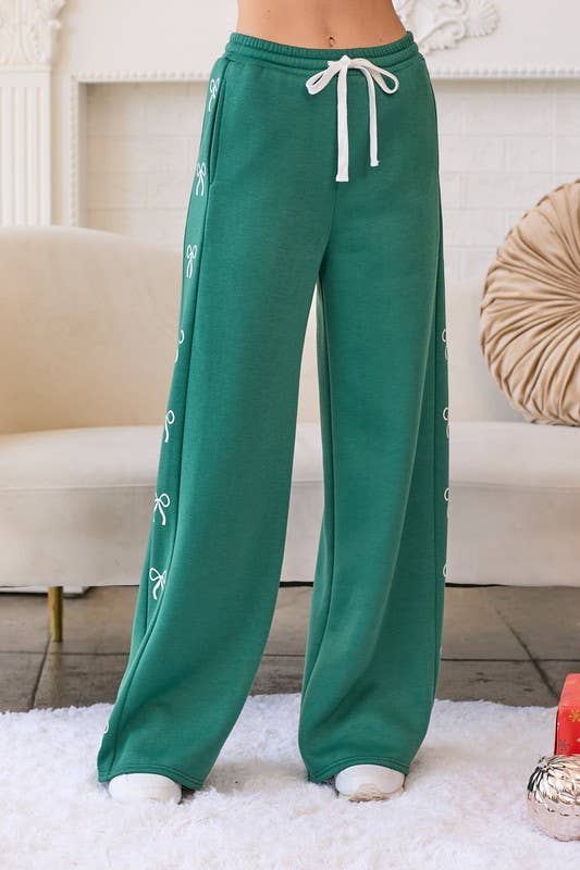 Ribbon Bow Wide Leg Fleece Pants-Plus