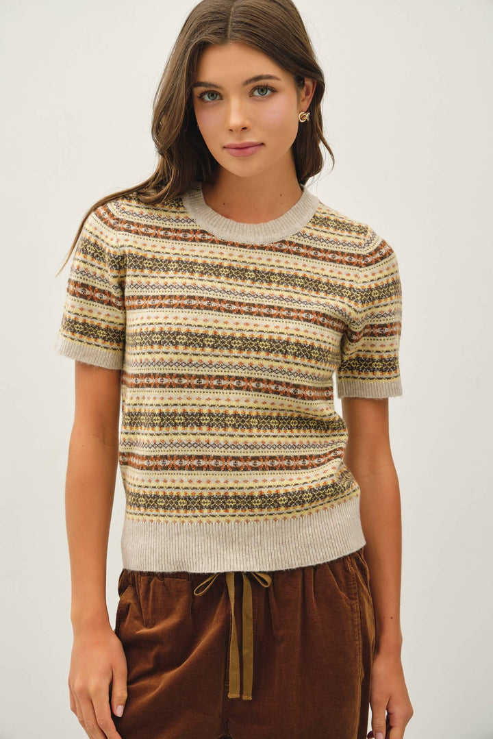 FAIR ISLE SHORT SLEEVE SWEATER: MUSTARD / S - Baycreek & Co