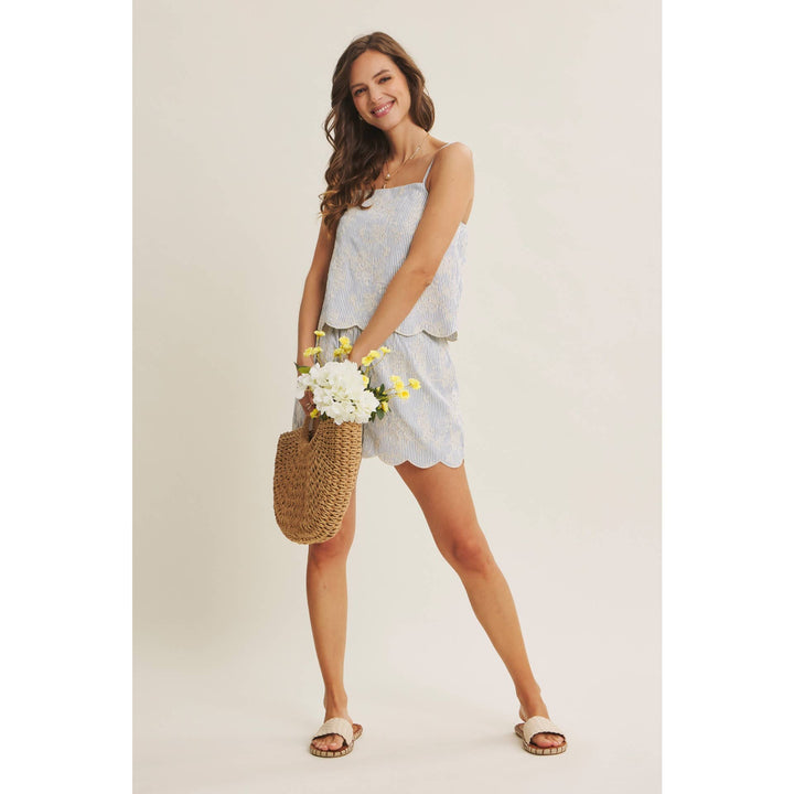 VERSATILE SUMMER STAPLE STRIPE EMBROIDERED SCALLOP TANK TOP - Baycreek & Co