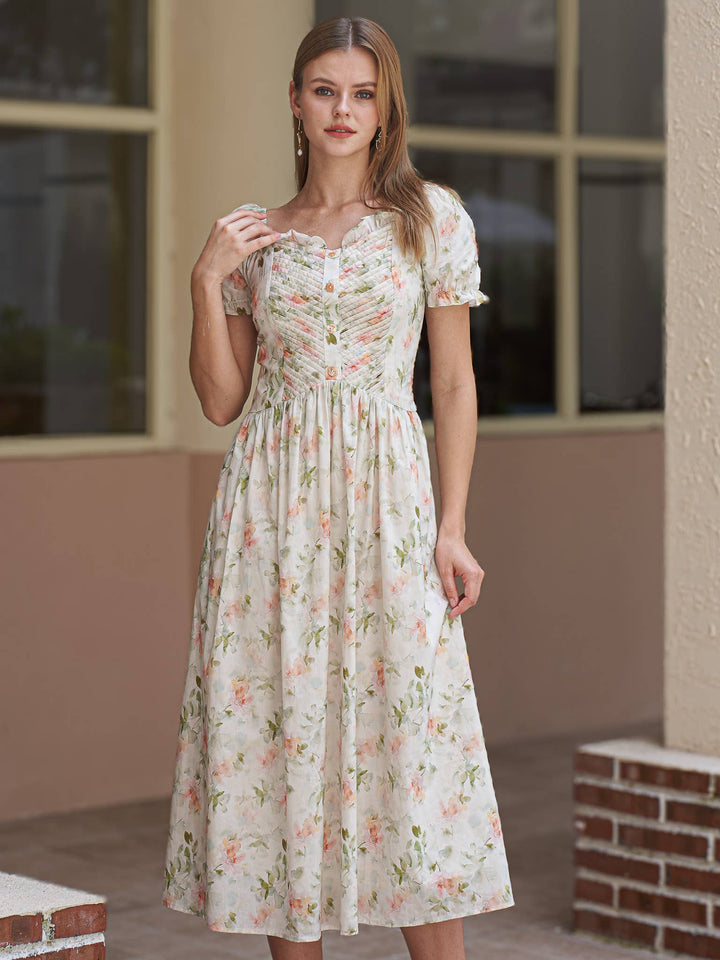Floral Ruched Puff Sleeve Dress