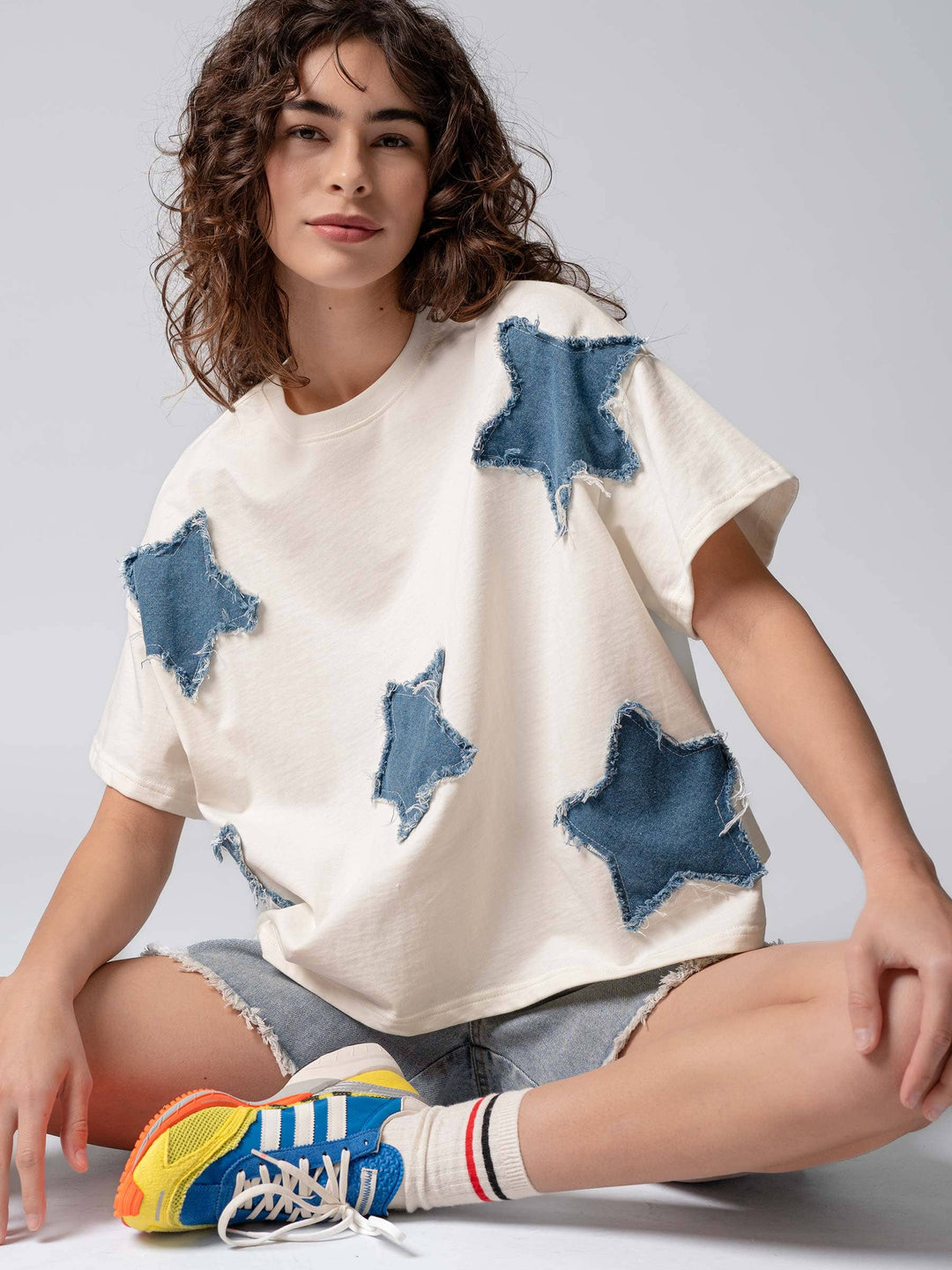 Distressed Denim Star Appliqué Cotton Tee - Baycreek & Co