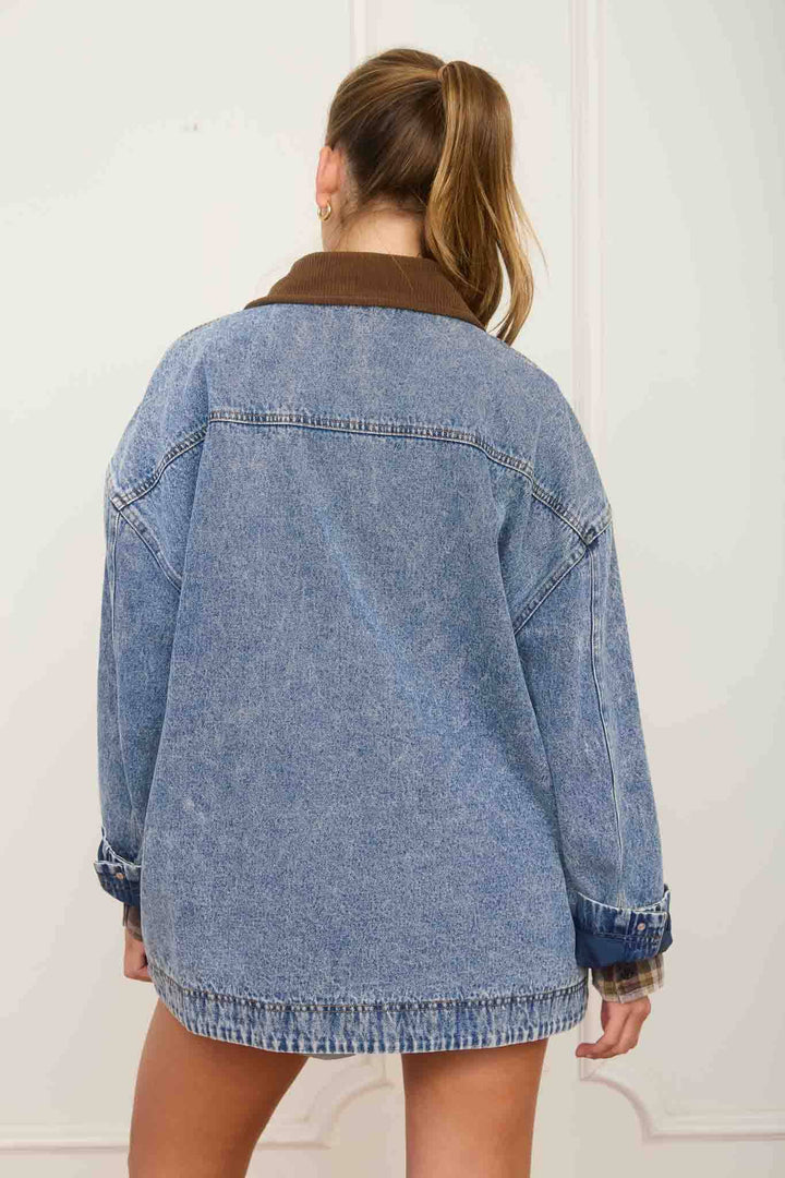 CONTRAST COLLAR LATCH HOOK WASHED DENIM JACKET - Baycreek & Co