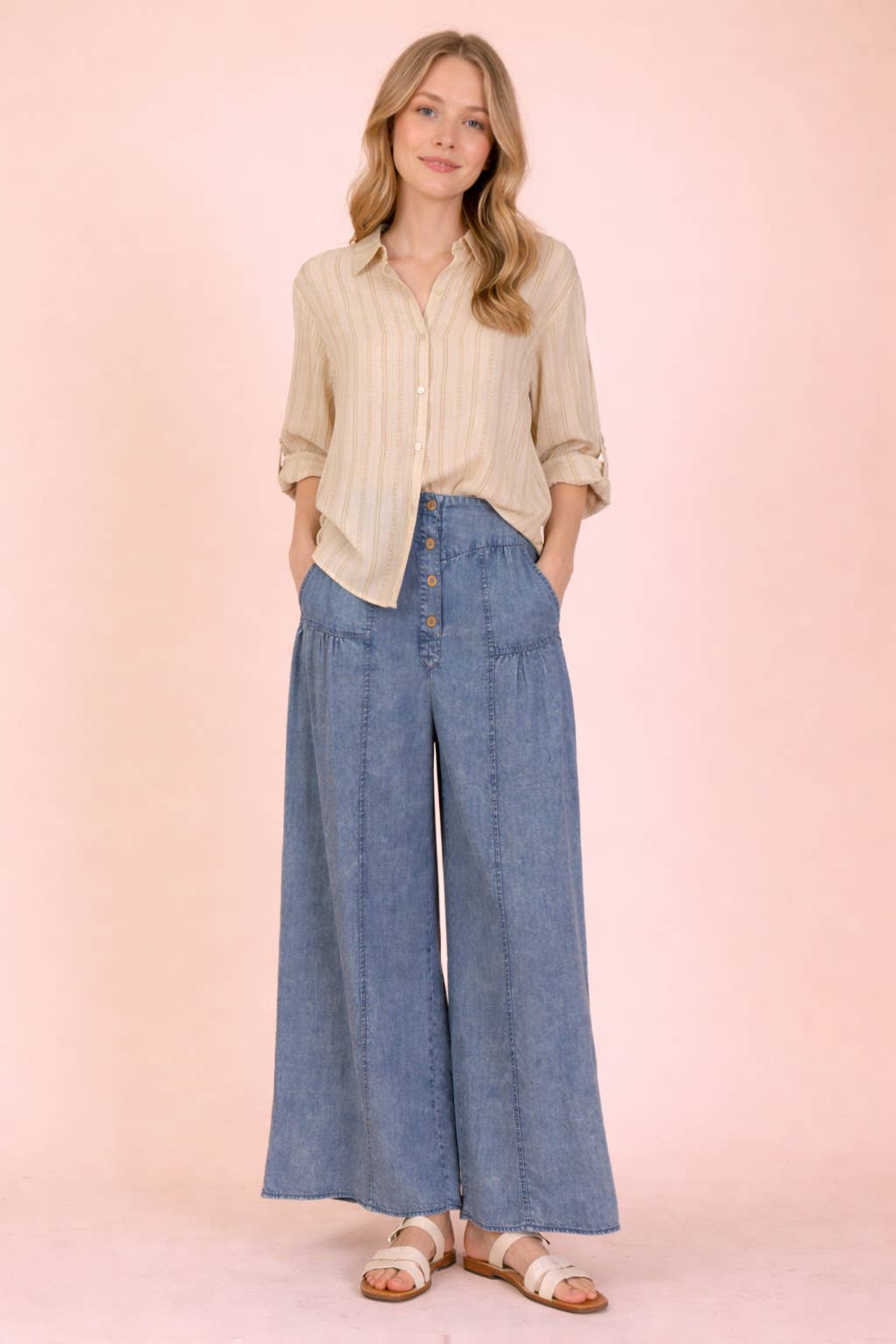 NP70935-Mineral Washed Chambray Wide Pants - Baycreek & Co