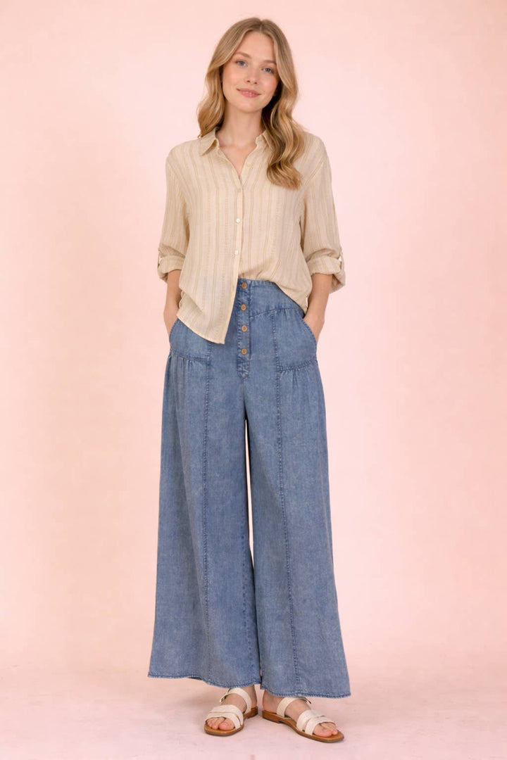 NP70935-Mineral Washed Chambray Wide Pants - Baycreek & Co
