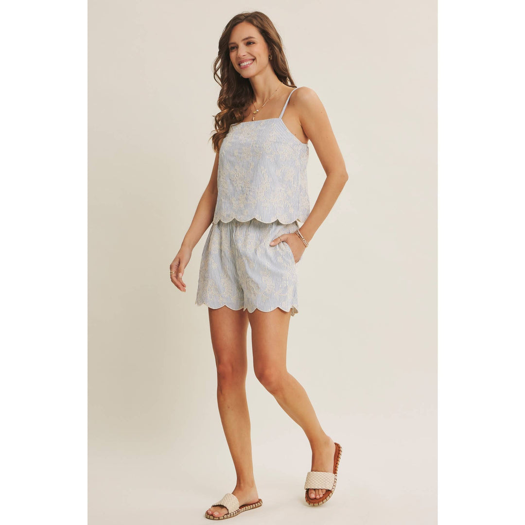 VERSATILE SUMMER STAPLE STRIPE EMBROIDERED SCALLOP TANK TOP - Baycreek & Co