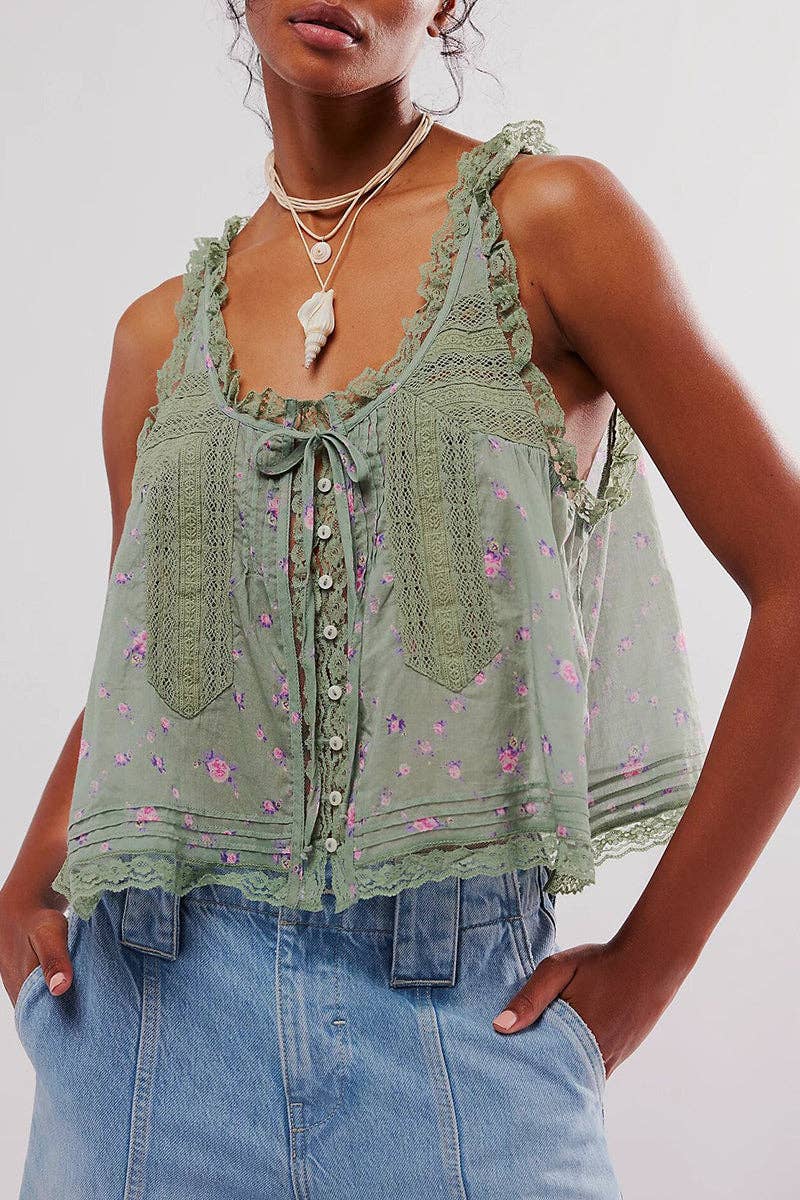 Lace-Trimmed Button-Front Tank - Baycreek & Co