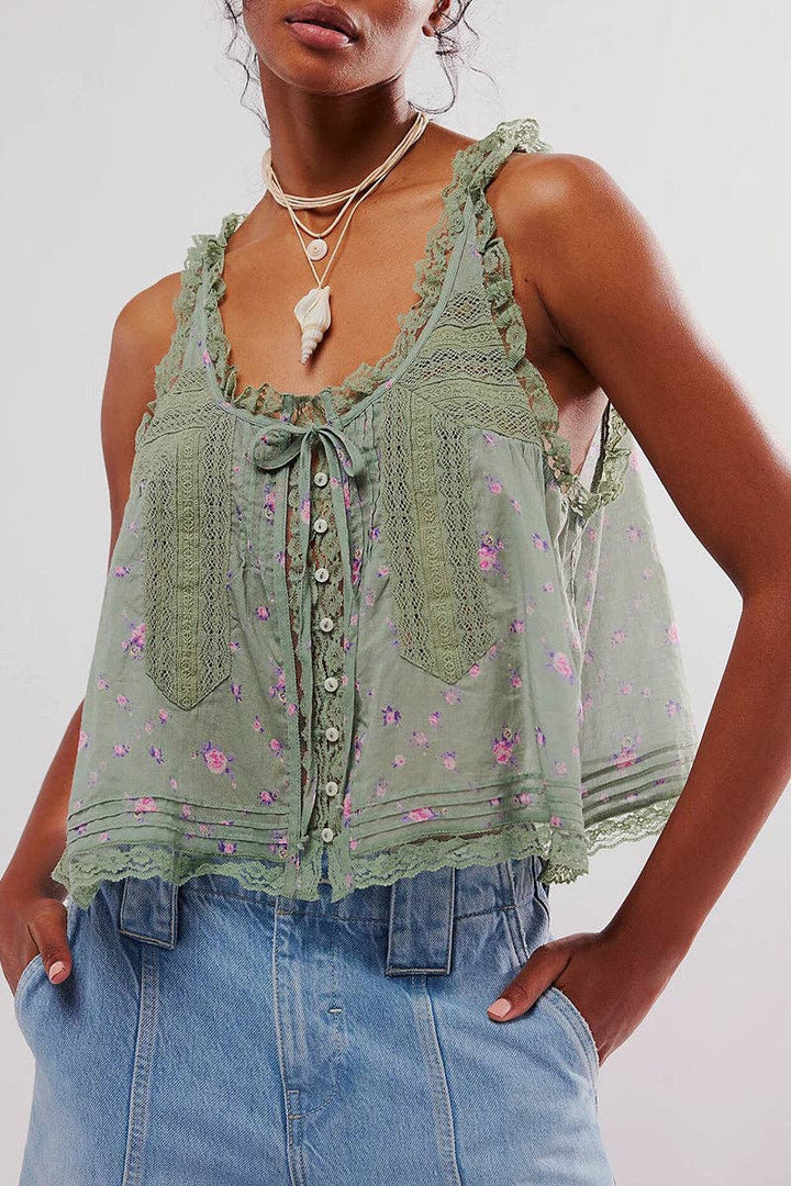 Lace-Trimmed Button-Front Tank - Baycreek & Co