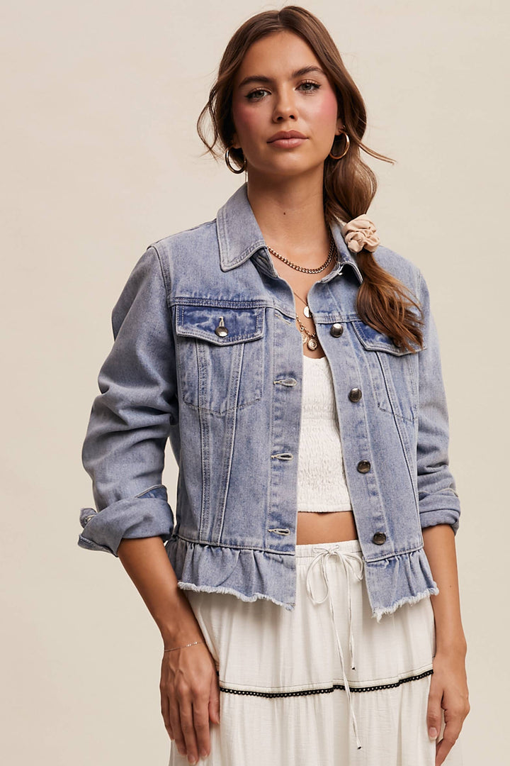 Ruffled Hem Denim Jacket - Baycreek & Co