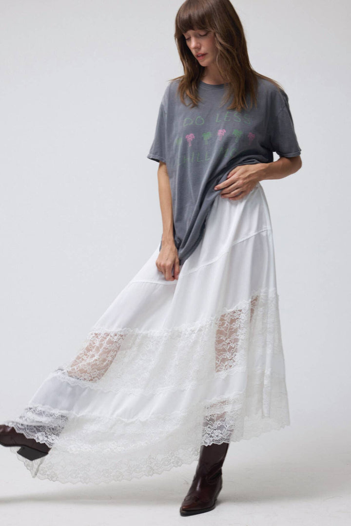 Lace Trim Asymmetrical Hem Satin Midi Skirt - Baycreek & Co