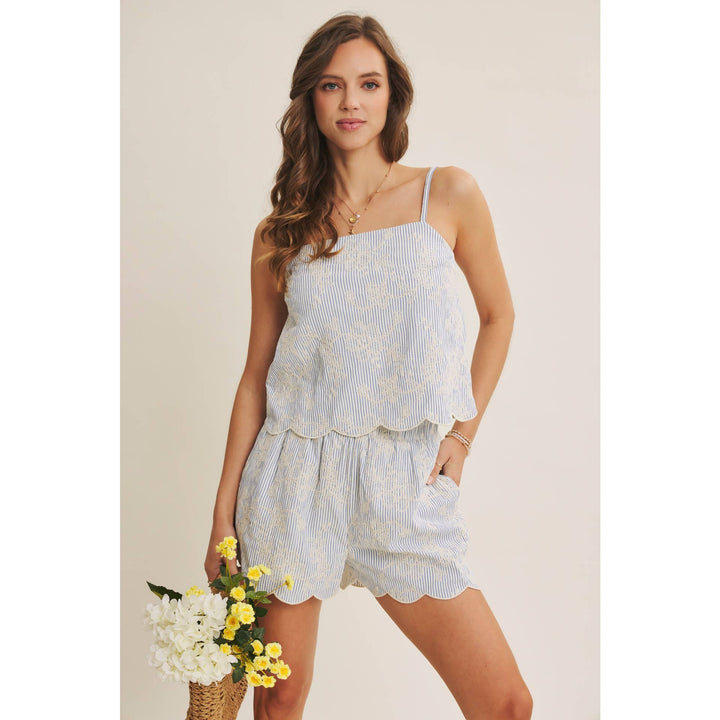 VERSATILE SUMMER STAPLE STRIPE EMBROIDERED SCALLOP SHORTS - Baycreek & Co