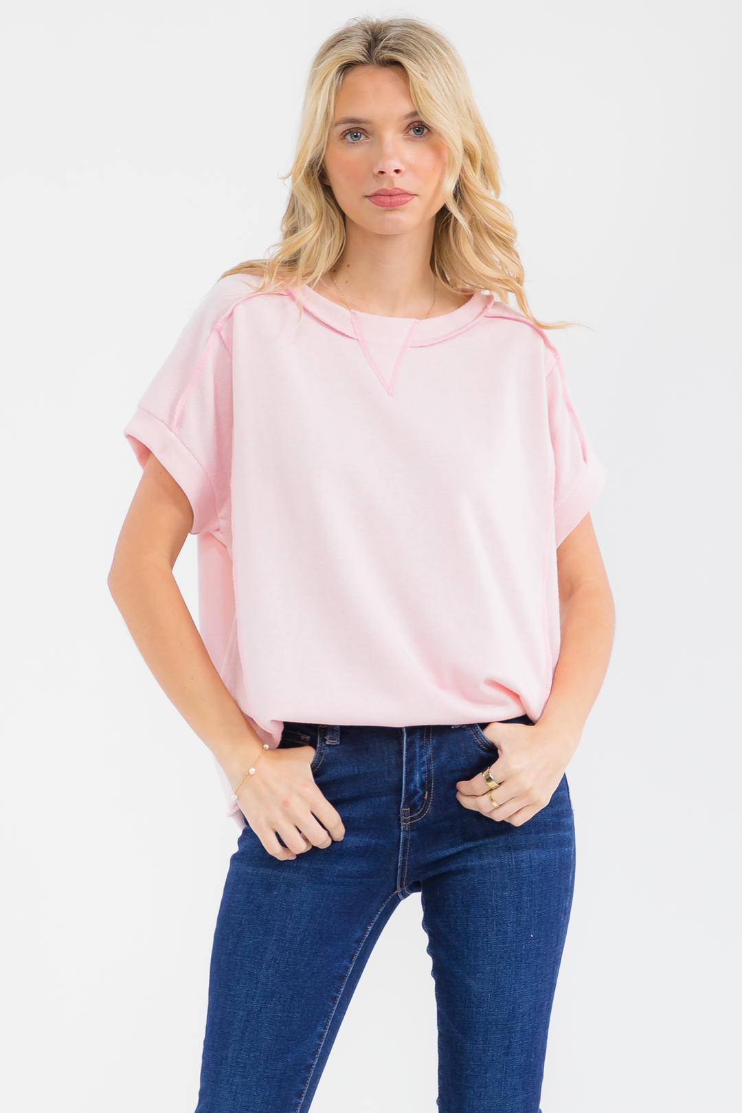 [PLUS SIZE] Textured Contrast Seam Short Sleeve Top T6240XL - Baycreek & Co