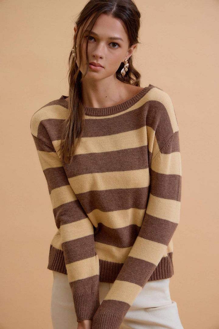 ANGORA BLEND RELAXED FIT WIDE STRIPED SWEATER: MOCHA / L - Baycreek & Co