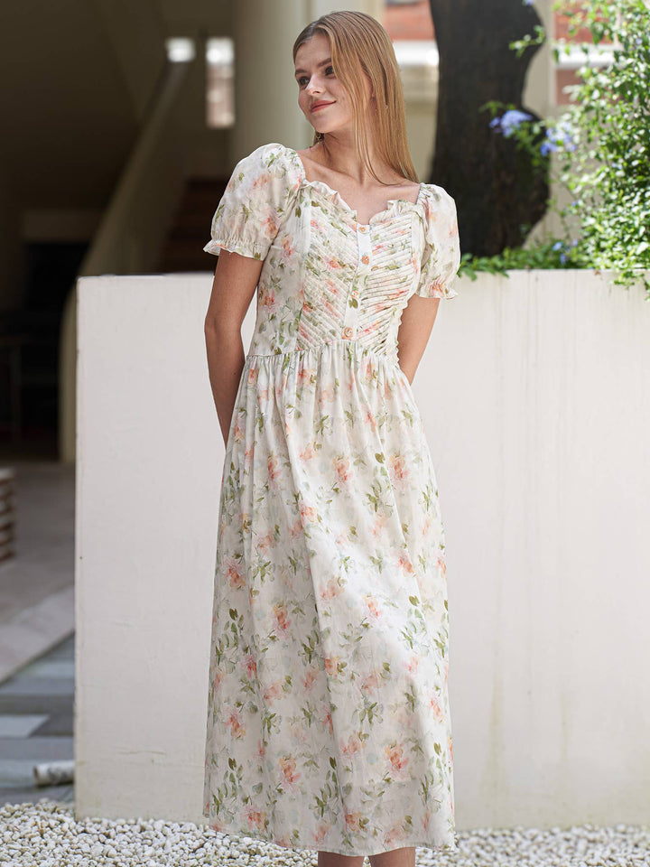 Floral Ruched Puff Sleeve Dress